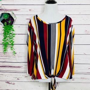 Rue21 Bold Vertical Striped Tie Front Long Sleeve Top Size XL Red Yellow Blue